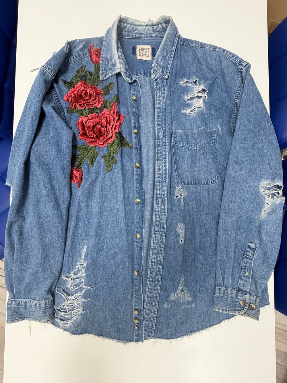 Vintage Furst of a Kind Blue Distressed Denim Jean Jacket Red Rose Embroider